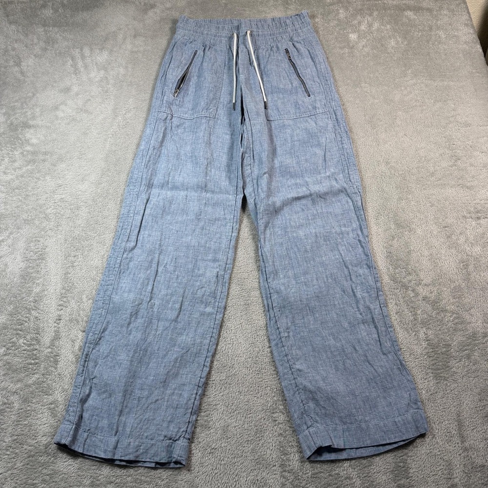 Athleta Cabo Linen Wide Leg Pants Womens 0 Blue Drawstring Pockets Travel Lounge